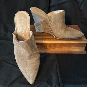 Jessica Simpson wedge mules in brown suede.